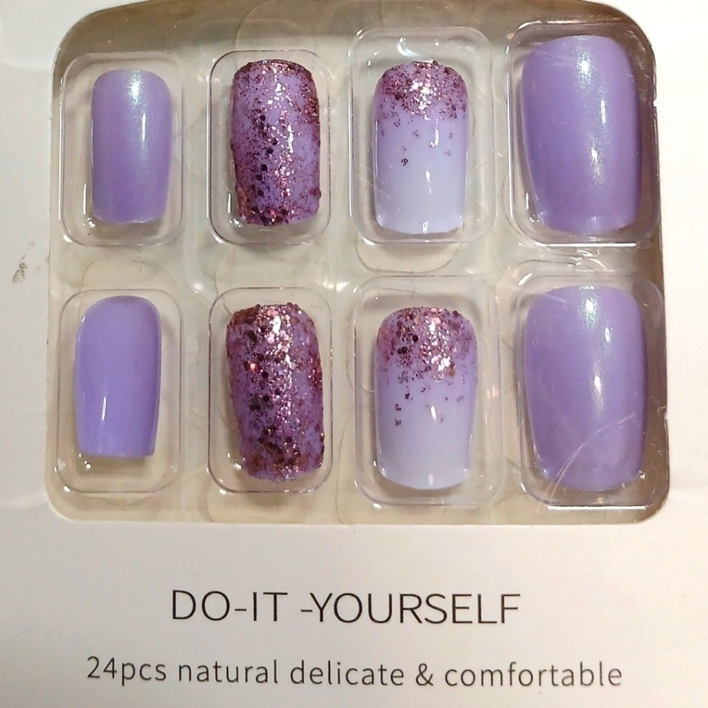 Purple glitter press on nails 24 piece kit new